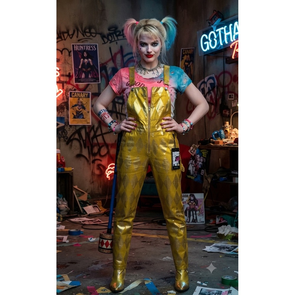 Her Universe Birds of Prey Harley Quinn Battle Overalls Gold Diamond Yellow SM